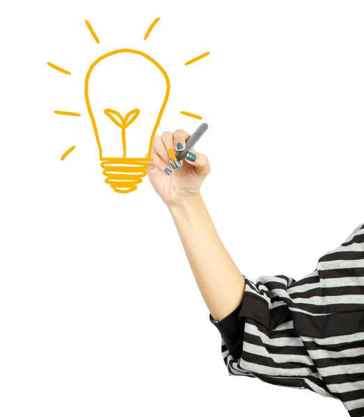 Mulher desenho lâmpada ideia conceito — Fotografia de Stock