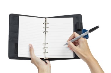 boş bir sayfa açık not defteri ve el