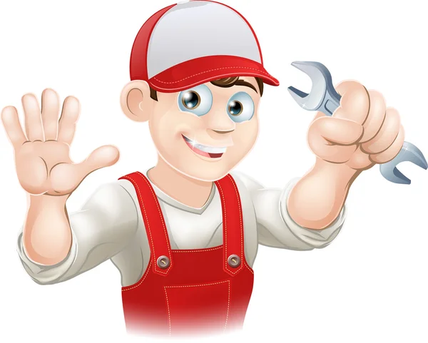 Happy plumber or mechanic with spanner — Stock Vector