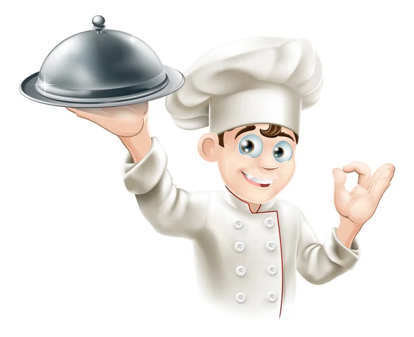 Happy chef holding platter — Stock Vector