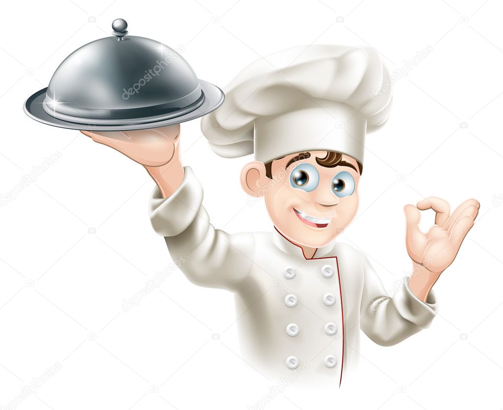 Happy chef holding platter