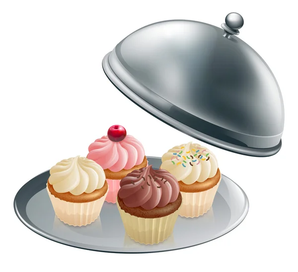 Cupcakes on silver platter — Stock Vector