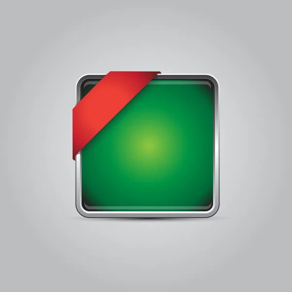 赤コーナーのリボンで空の緑色のボタン — ストックベクタ