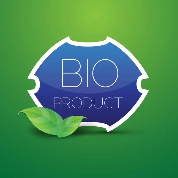 Kék Bio termék pajzs gomb-zöld levelek — Stock Vector