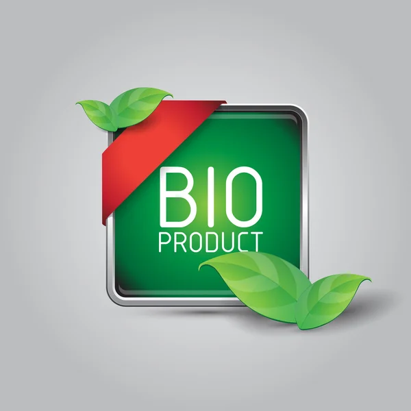 Зеленая кнопка квадрата продукта Bio с угловой лентой и листьями — стоковый вектор