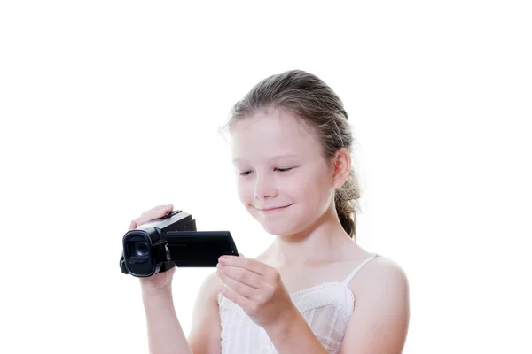 Preteen flicka med videokamera — Stockfoto