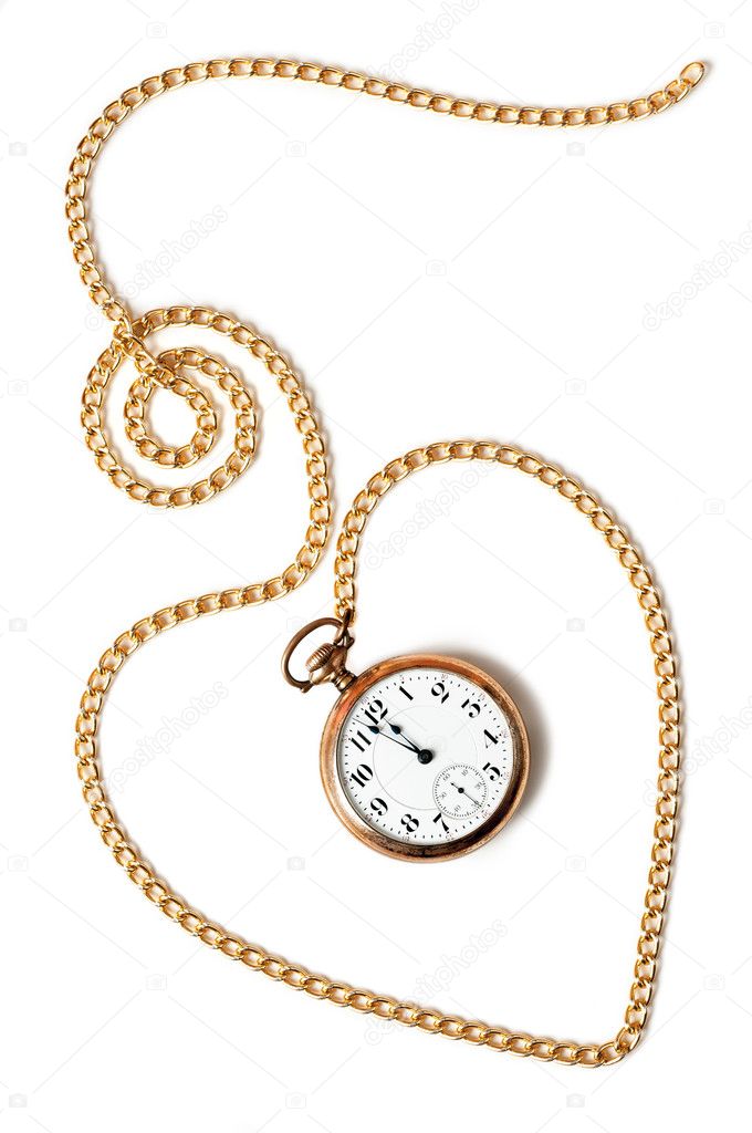 Heart chain with old pocket watch isolated on white background