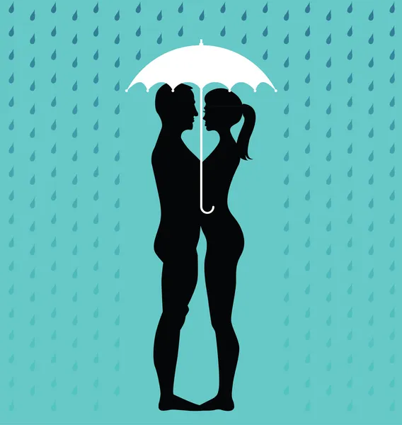 Silhouette of young couple under an umbrella — Stock Vector