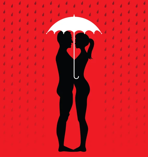 Silhueta de par jovem abaixo de um guarda-chuva —  Vetores de Stock