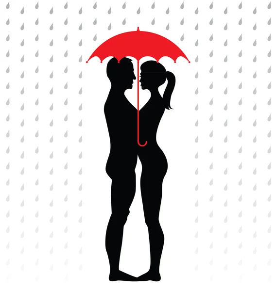 Silhueta de par jovem abaixo de um guarda-chuva —  Vetores de Stock