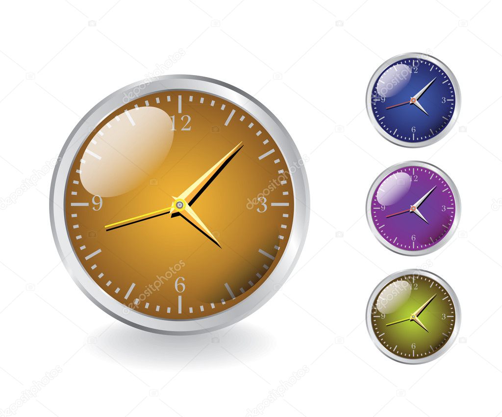 Four modern shiny metal clocks - realistic illustration