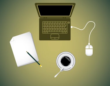 laptop kahve notepad ve fare