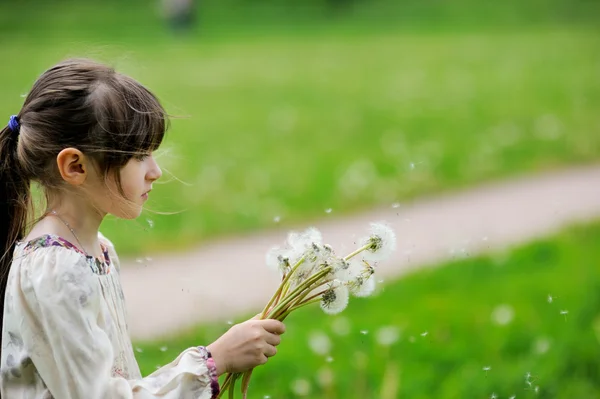 Child girl looking at dandelion seeds — Stock Photo, Image
