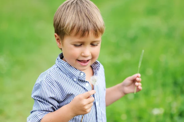 Young boy blowing dandelion — Stock Photo, Image