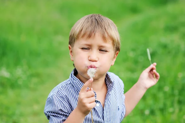 若い男の子吹くタンポポ — ストック写真