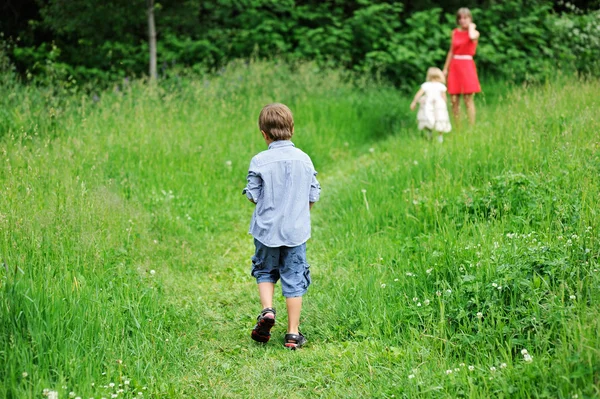 草原の上を歩いて子供の少年 — ストック写真