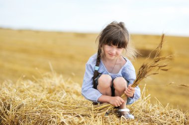 Little girl sitting on a top of haystack clipart