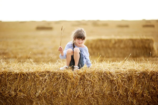 Kleines Mädchen sitzt auf einem großen Heuhaufen — Stockfoto