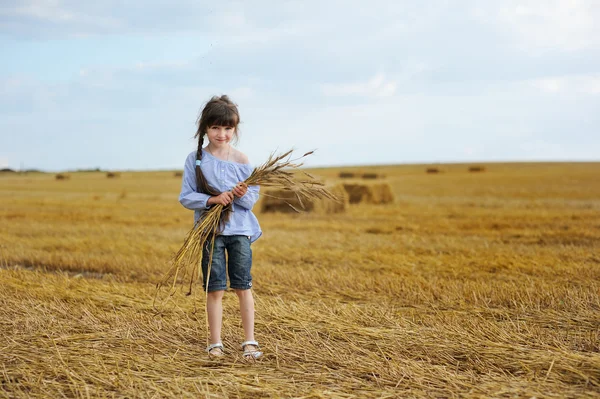 小麦の穂の束を保持している小さな女の子 — ストック写真