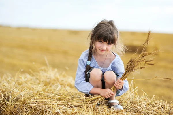 Little girl sitting on a top of haystack — ストック写真