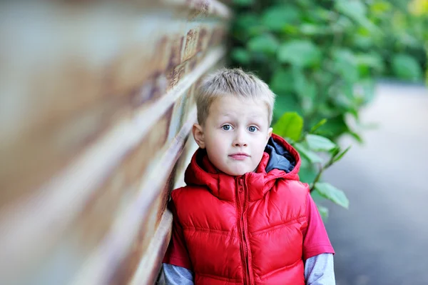 Aranyos fiú jelentő szabadban portréja — Stock Fotó