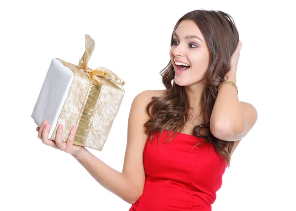 Excited happy girl with a present — Stock Photo, Image