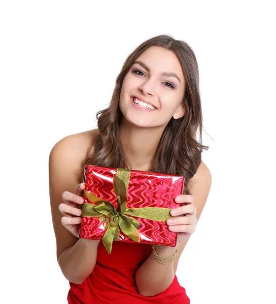 Happy women in red dress with a present — Stock Photo, Image