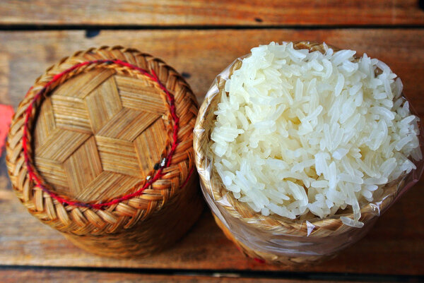 Asian sticky rice in a bamboo wooden box