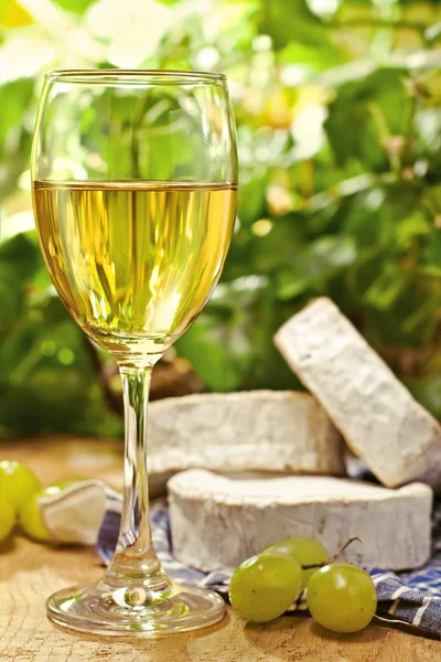 Vinho branco, Brie, Camembert e uva na mesa — Fotografia de Stock