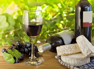 Red wine, Brie, Camembert and grape on the wood table clipart