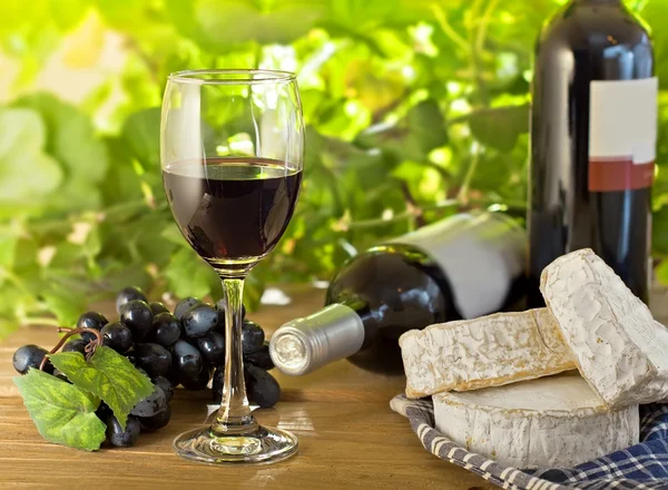 Červené víno, brie, camembert a hroznů na dřevěný stůl — Stock fotografie