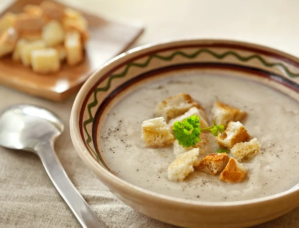 Суп с сушеными корочками на столе — стоковое фото