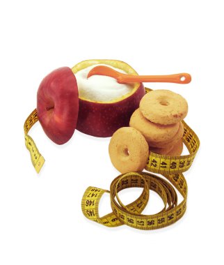 Sugar bowl made of red apple with fructose inside, cookies and measuring tape clipart