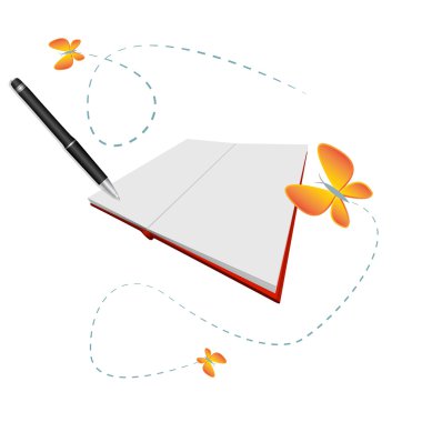 Open blank book with pen and lovely butterflies clipart