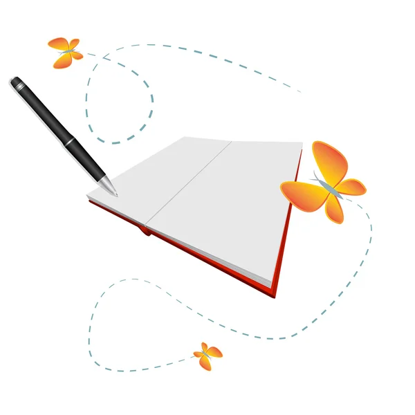 Open blank book with pen and lovely butterflies — Stock Photo, Image