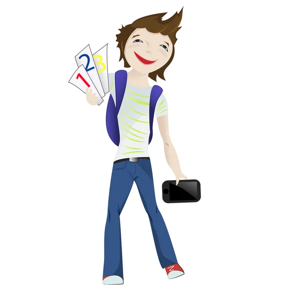 Chłopiec stojący uśmiechający się tabletki i numery w ręce — Wektor stockowy
