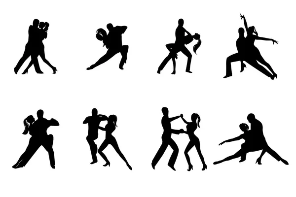 Eight dancing couple silhouettes — Stock Vector