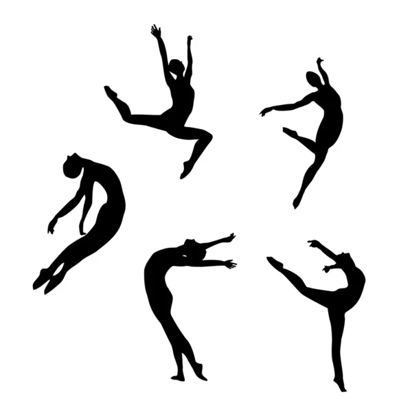 Cinco siluetas negras bailando (saltando) mujer — Vector de stock