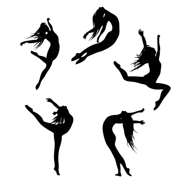 Cinq silhouettes noires dansant (sautant) femme — Image vectorielle