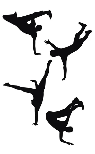 Quattro silhouette di danza hip hop nero — Vettoriale Stock