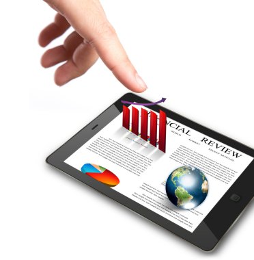 Hand pointing on touch screen device with read graph and earth clipart