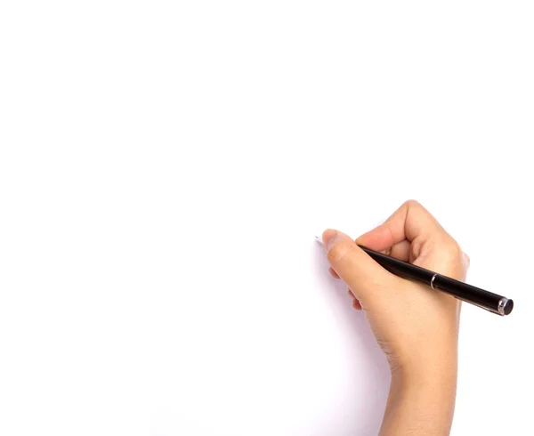 Mani con penna su carta isolata su sfondo bianco — Foto Stock