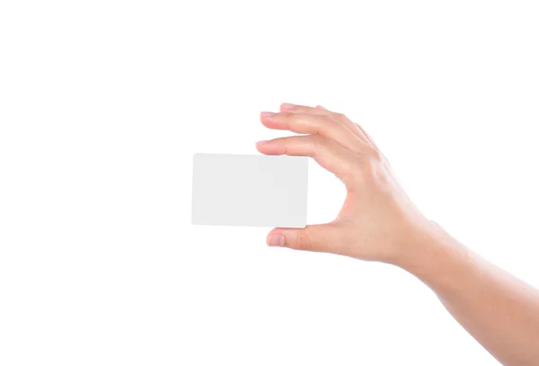 Névjegykártyát, női kéz elszigetelt fehér background — Stock Fotó