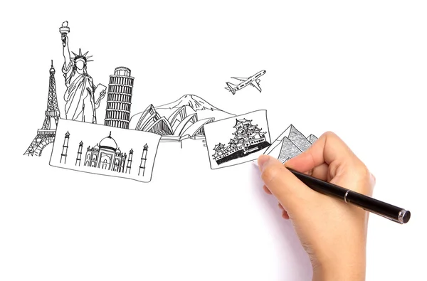 Mão desenhando a viagem ao redor do mundo em um quadro branco — Fotografia de Stock