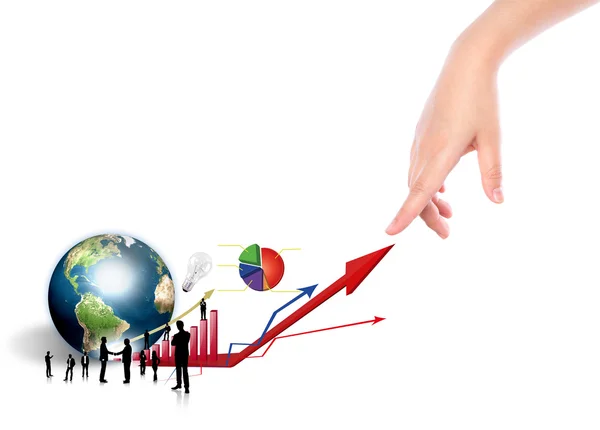 Hand punt silhouetten van zakendoen met rode grafiek en aarde (Ele — Stockfoto