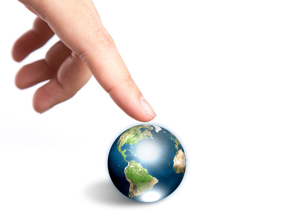 Hand pointing to earth (Elements of this image furnished by NASA)
