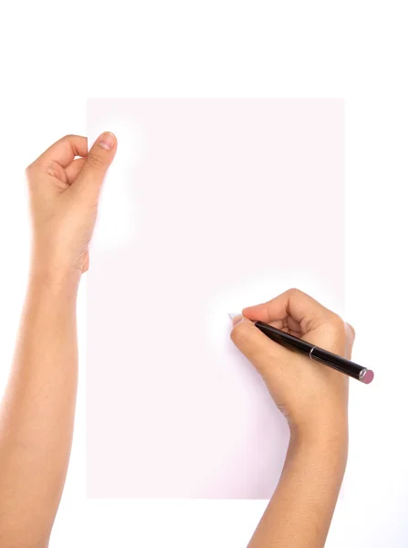 Руки с ручкой на бумаге изолированы на белом фоне — стоковое фото