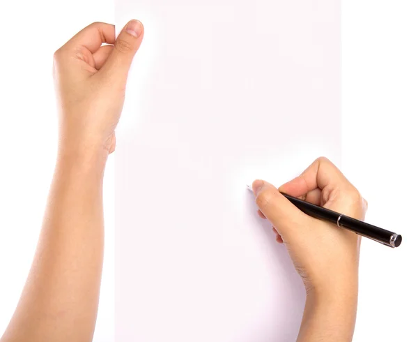 Kezében tollat, mint papír, elszigetelt fehér background — Stock Fotó