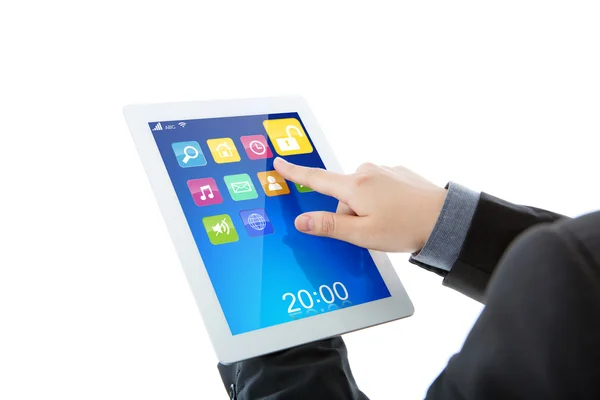 Geschäftsmann nutzt Tablet-PC mit bunter Applikation — Stockfoto