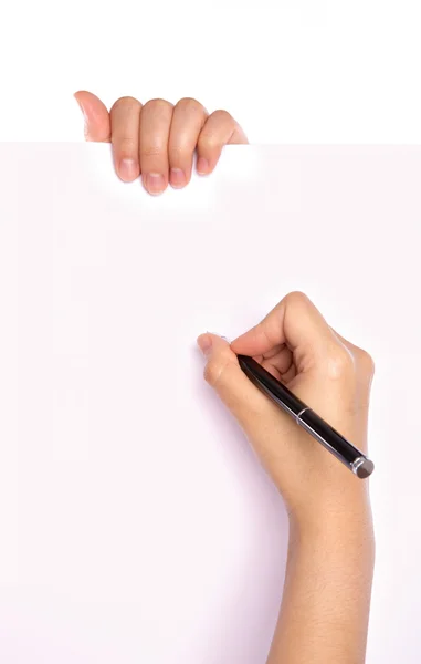Kalem kağıt beyaz zemin üzerine izole üzerinde elleriyle — Stok fotoğraf